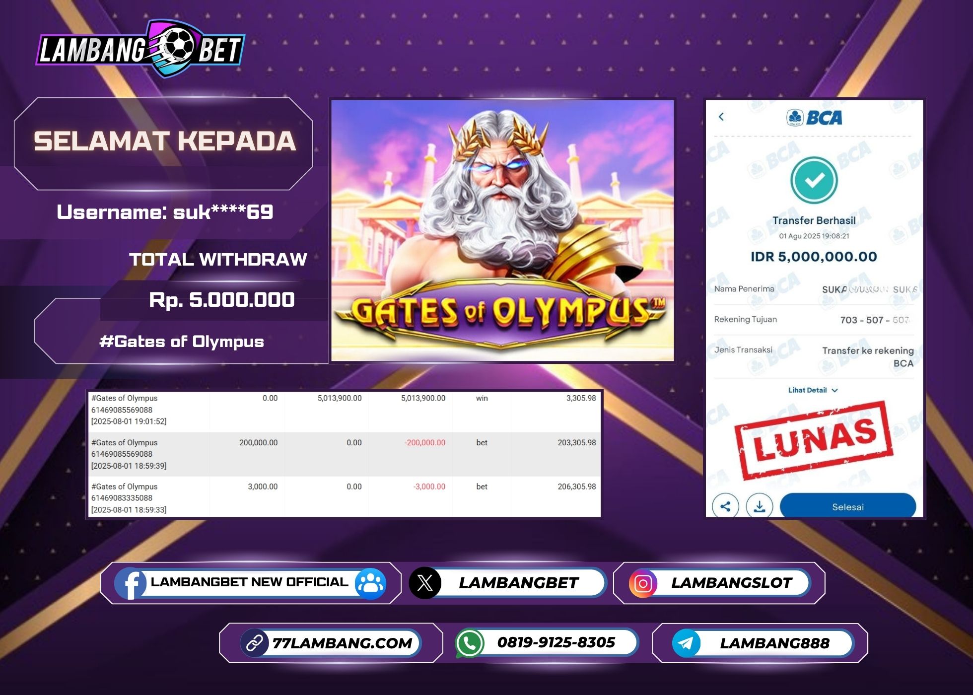LAMBANGBET [1 AUGUST 2025] JACKPOT SLOT Gates of Olympus "Rp5.000.000" LUNAS